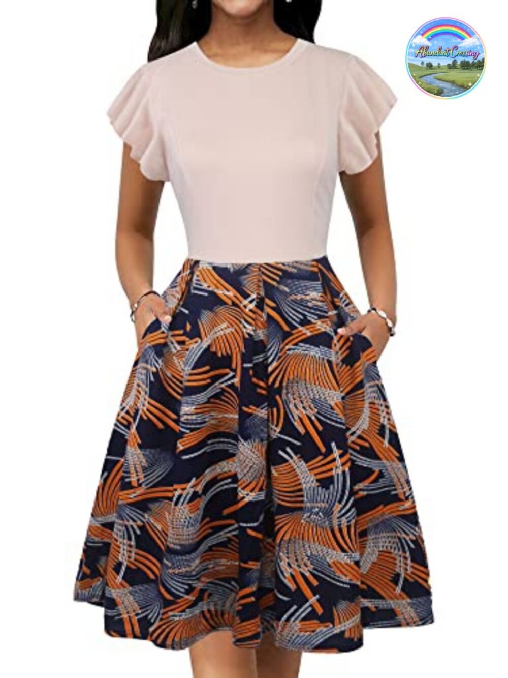 Women's Flounce Sleeve Floral Fit & Flare Dress with Pockets